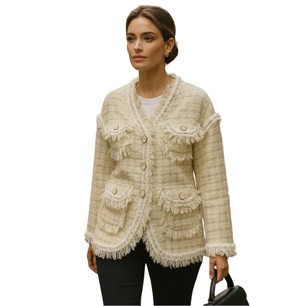 Tweed Blazer Wool Blend Jacket Ivory XS/S Old Money Business Office Corp Core